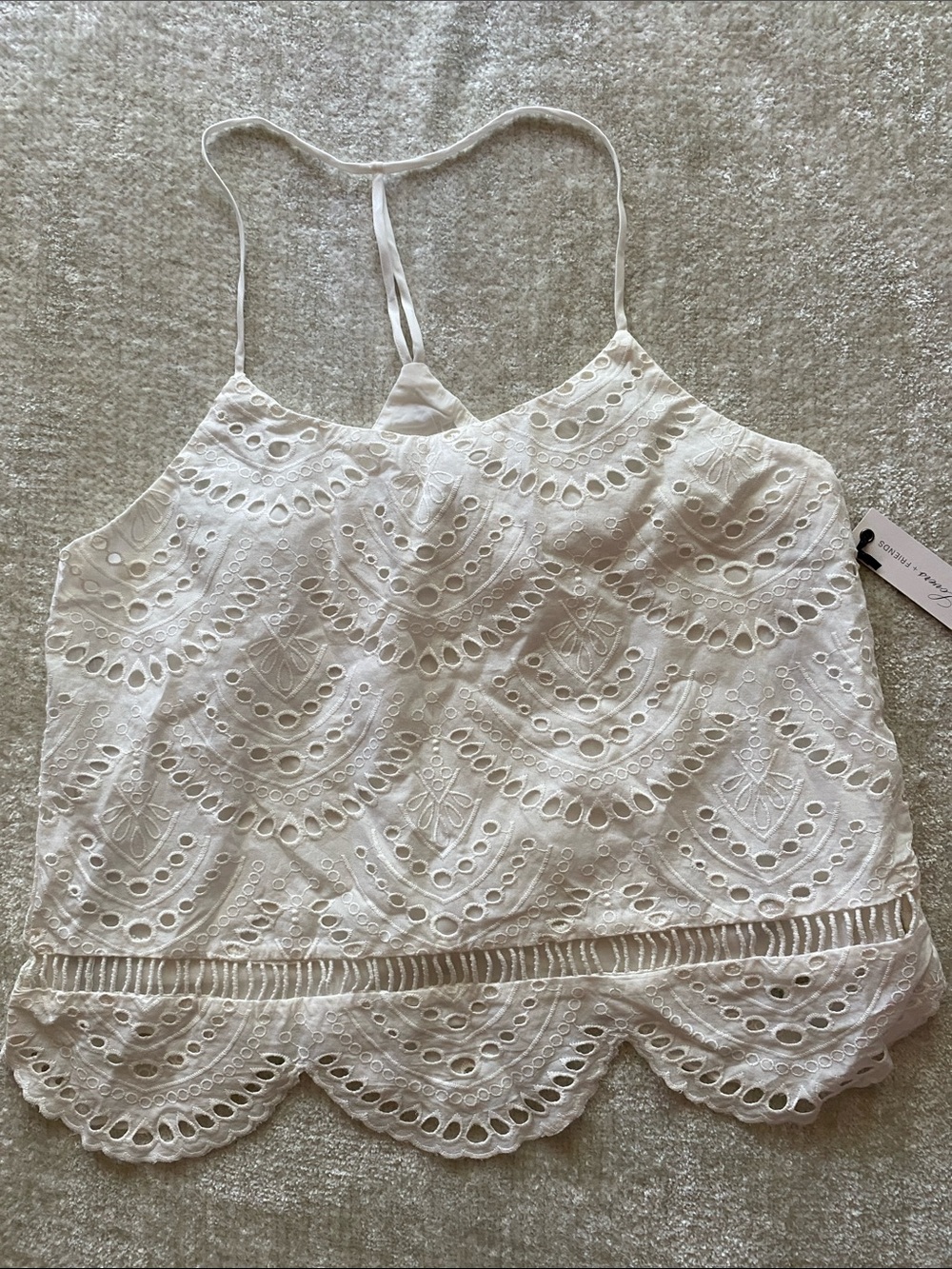 Lovers + Friends White Halter Crop Top With Eyelet Embroidery and Scalloped Hem